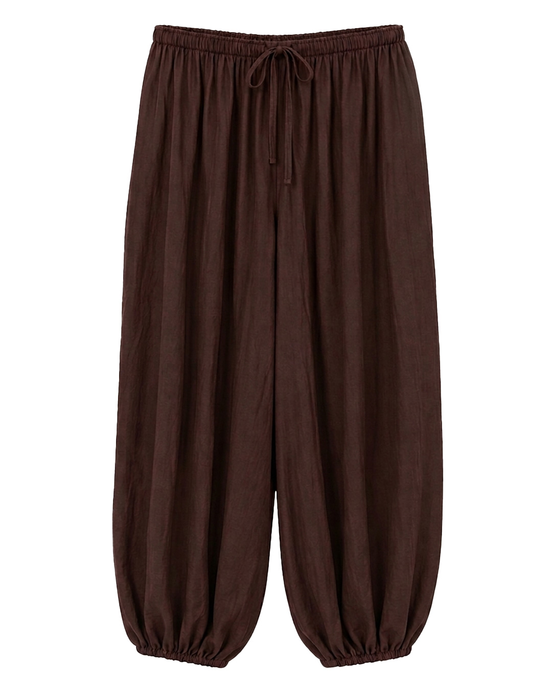 Pantalón Bombacho Harem: pantalón de color marrón en viscosa fluida de efecto arrugado, cintura elástica, bolsillos y tobillos fruncidos de Quiles_Shop.
