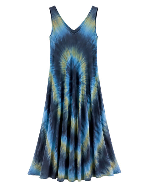Vestido Aloha: vestido largo de diario con tirantes anchos, escote en pico, bajo asimétrico en picos y estampado tie-dye en viscosa fluida de Quiles_Shop