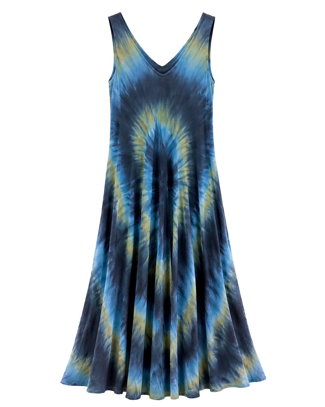 Vestido Aloha: vestido largo de diario con tirantes anchos, escote en pico, bajo asimétrico en picos y estampado tie-dye en viscosa fluida de Quiles_Shop