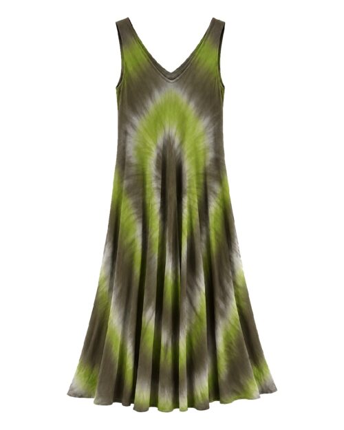 Vestido Aloha: vestido largo de diario con tirantes anchos, escote en pico, bajo asimétrico en picos y estampado tie-dye en viscosa fluida de Quiles_Shop