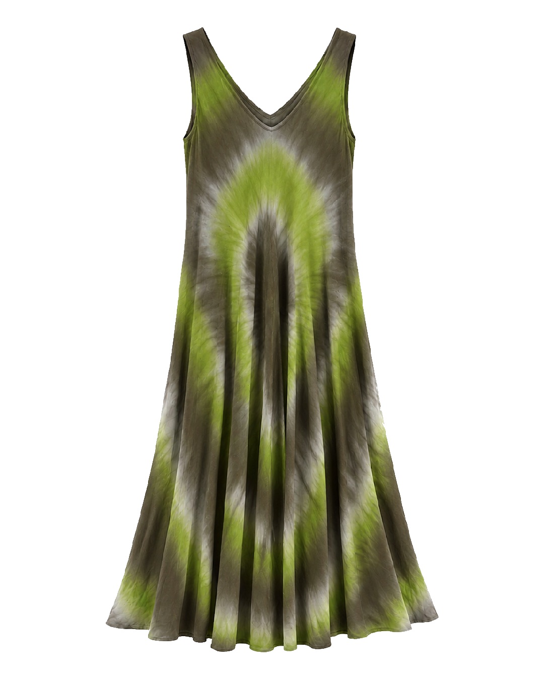 Vestido Aloha: vestido largo de diario con tirantes anchos, escote en pico, bajo asimétrico en picos y estampado tie-dye en viscosa fluida de Quiles_Shop
