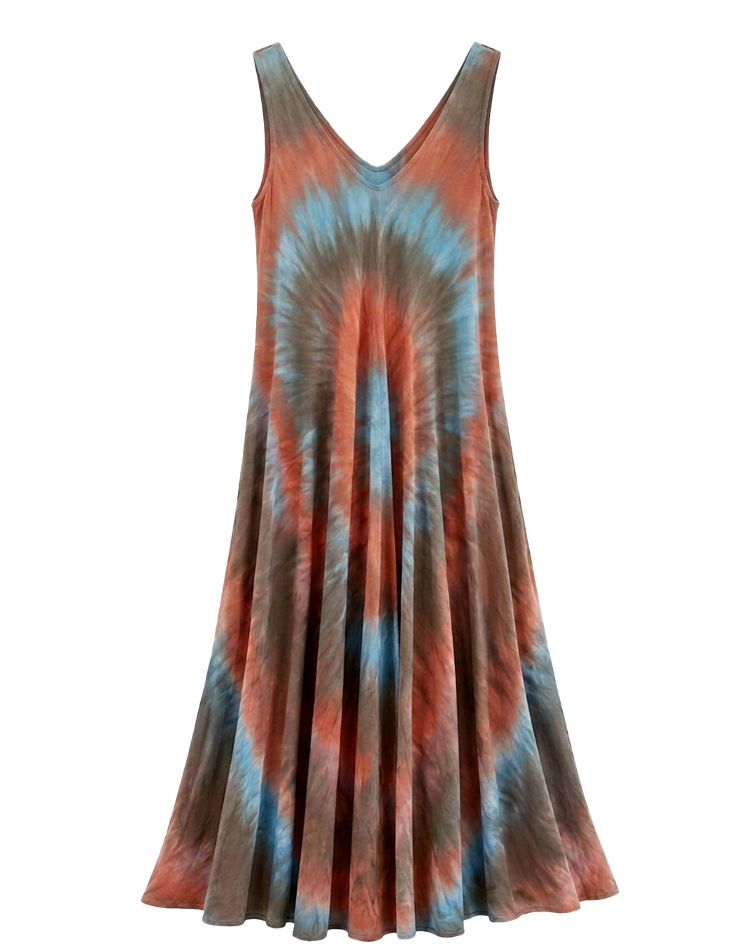 Vestido Aloha: vestido largo de diario con tirantes anchos, escote en pico, bajo asimétrico en picos y estampado tie-dye en viscosa fluida de Quiles_Shop
