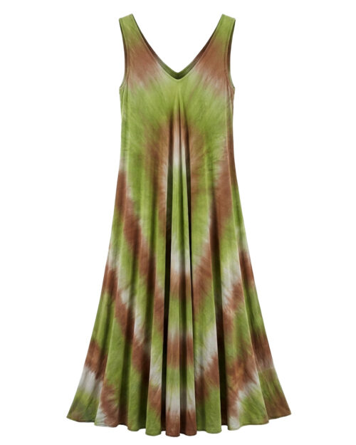 Vestido Aloha: vestido largo de diario con tirantes anchos, escote en pico, bajo asimétrico en picos y estampado tie-dye en viscosa fluida de Quiles_Shop