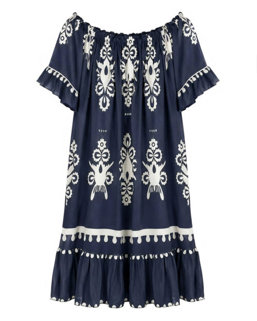 Vestido Atenas: vestido midi de diario color azul marino con estampado geométrico griego blanco, escote elástico fruncido multiposición y bajo con volante de Quiles_Shop.