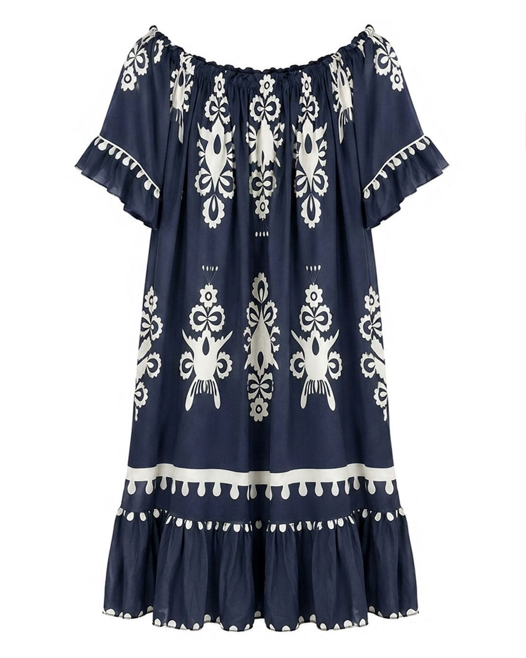 Vestido Atenas: vestido midi de diario color azul marino con estampado geométrico griego blanco, escote elástico fruncido multiposición y bajo con volante de Quiles_Shop.