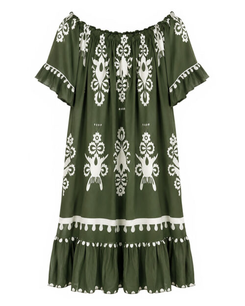 Vestido Atenas: vestido midi de diario color verde kaki con estampado geométrico griego blanco, escote elástico fruncido multiposición y bajo con volante de Quiles_Shop.