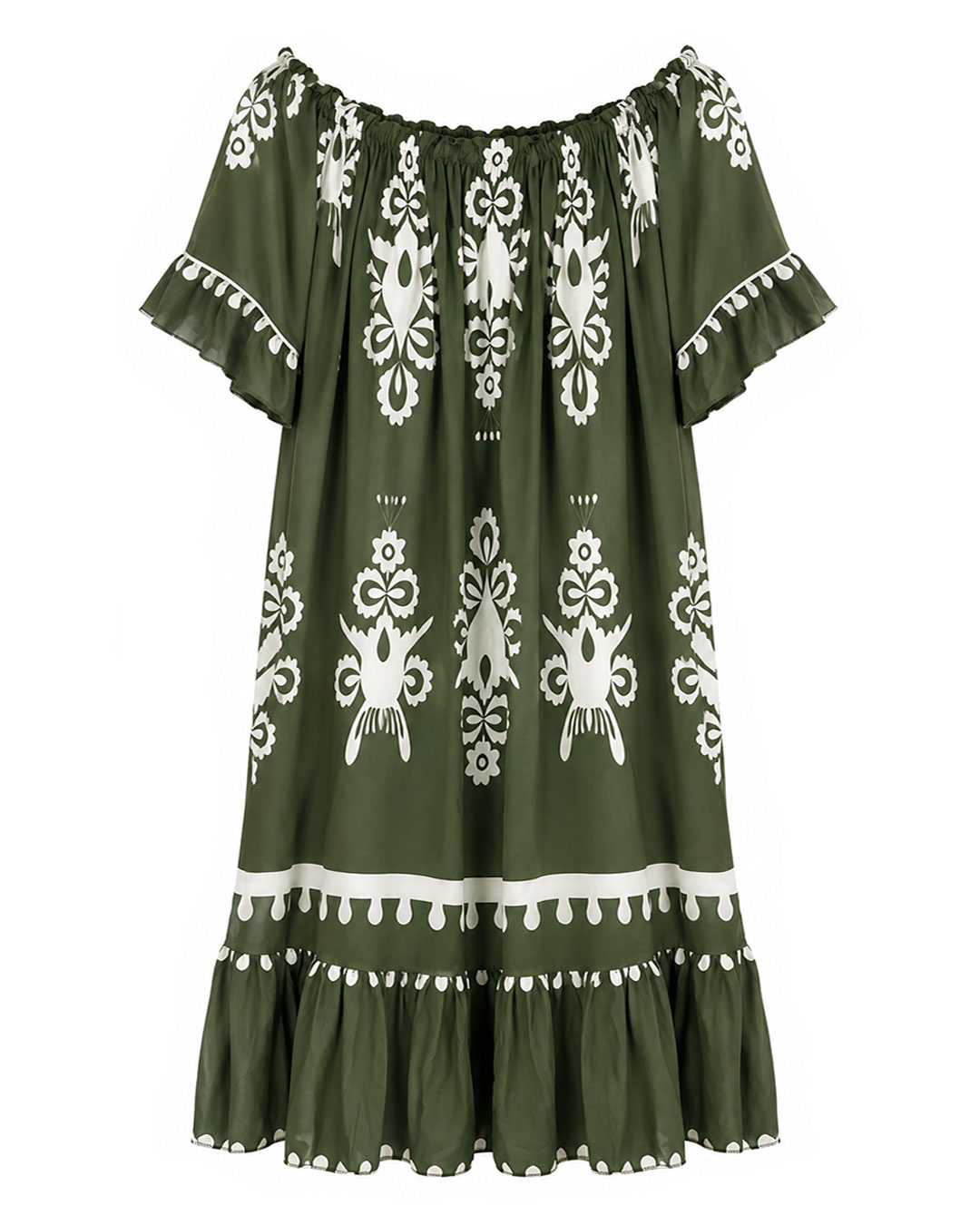 Vestido Atenas: vestido midi de diario color verde kaki con estampado geométrico griego blanco, escote elástico fruncido multiposición y bajo con volante de Quiles_Shop.
