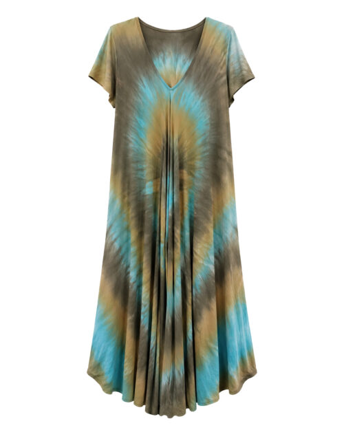 Vestido Bora Bora: vestido largo de diario con escote en pico, bajo asimétrico en picos y estampado tie-dye turquesa en tejido fluido de viscosa de Quiles_Shop.