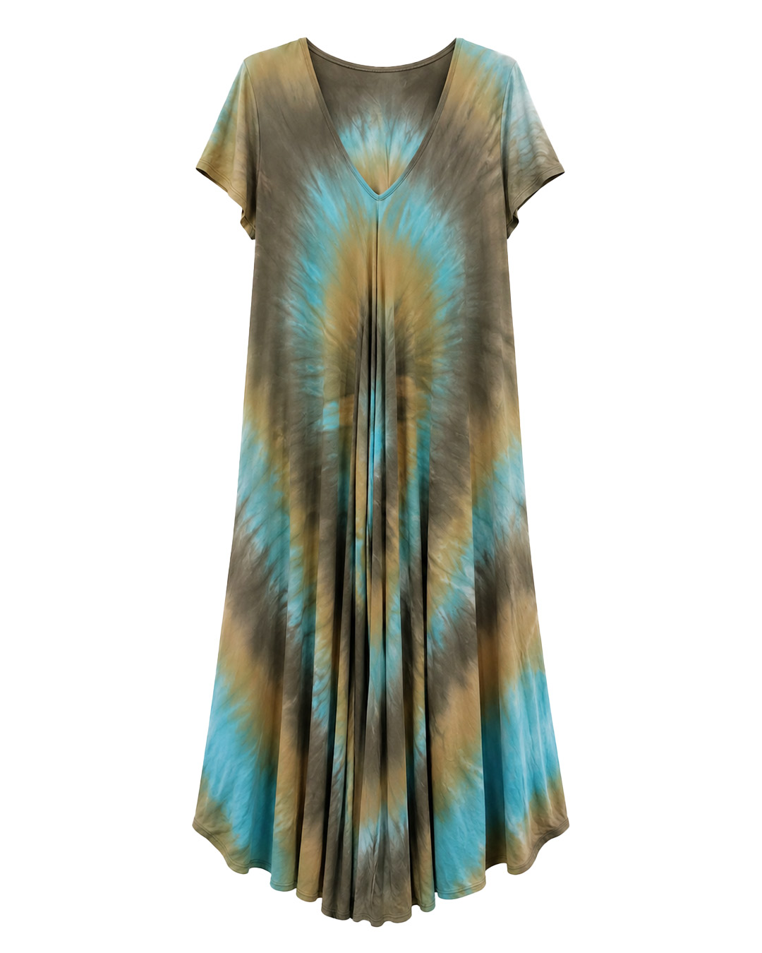 Vestido Bora Bora: vestido largo de diario con escote en pico, bajo asimétrico en picos y estampado tie-dye turquesa en tejido fluido de viscosa de Quiles_Shop.