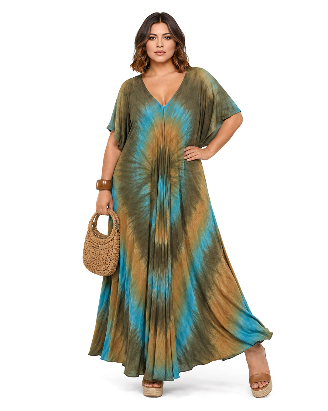 Vestido Bora Bora: vestido largo de diario con escote en pico, bajo asimétrico en picos y estampado tie-dye turquesa en tejido fluido de viscosa de Quiles_Shop.