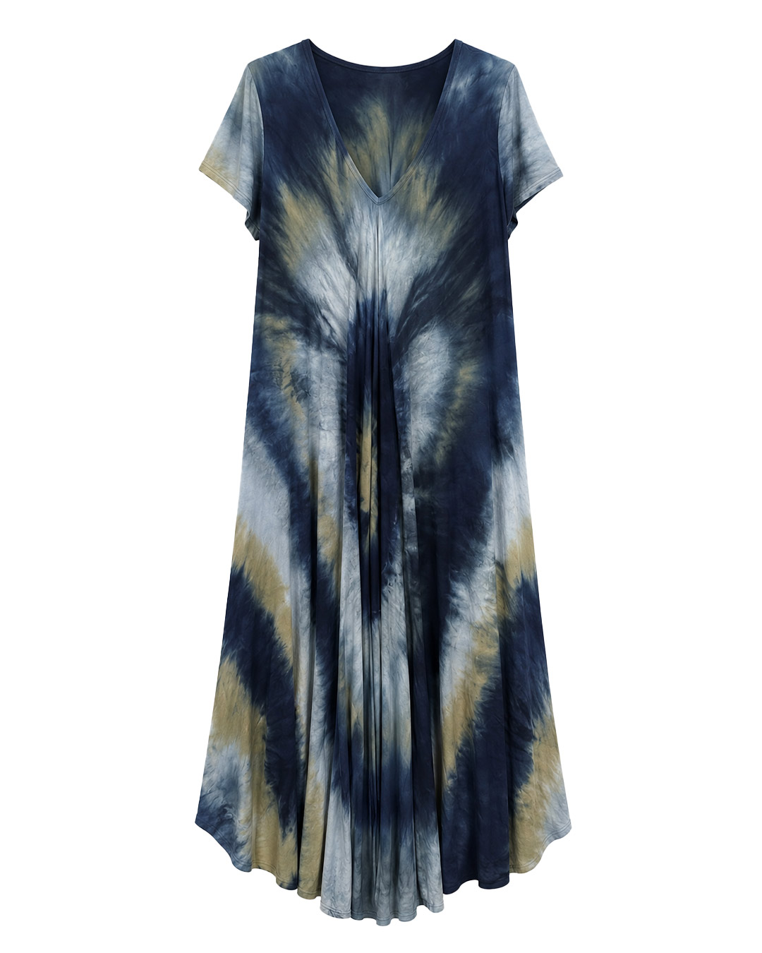Vestido Bora Bora: vestido largo de diario con escote en pico, bajo asimétrico en picos y estampado tie-dye turquesa en tejido fluido de viscosa de Quiles_Shop.