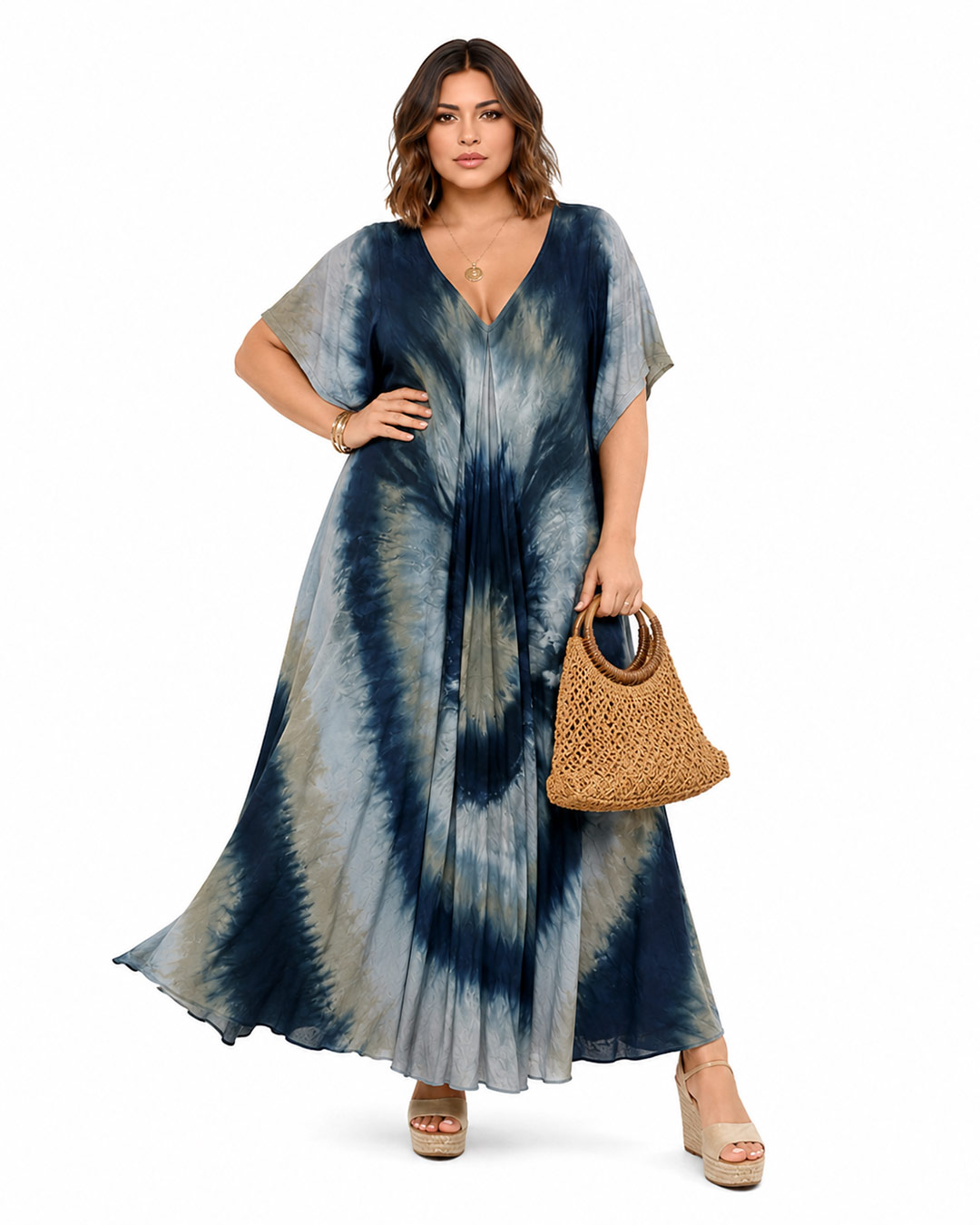 Vestido Bora Bora: vestido largo de diario con escote en pico, bajo asimétrico en picos y estampado tie-dye turquesa en tejido fluido de viscosa de Quiles_Shop.