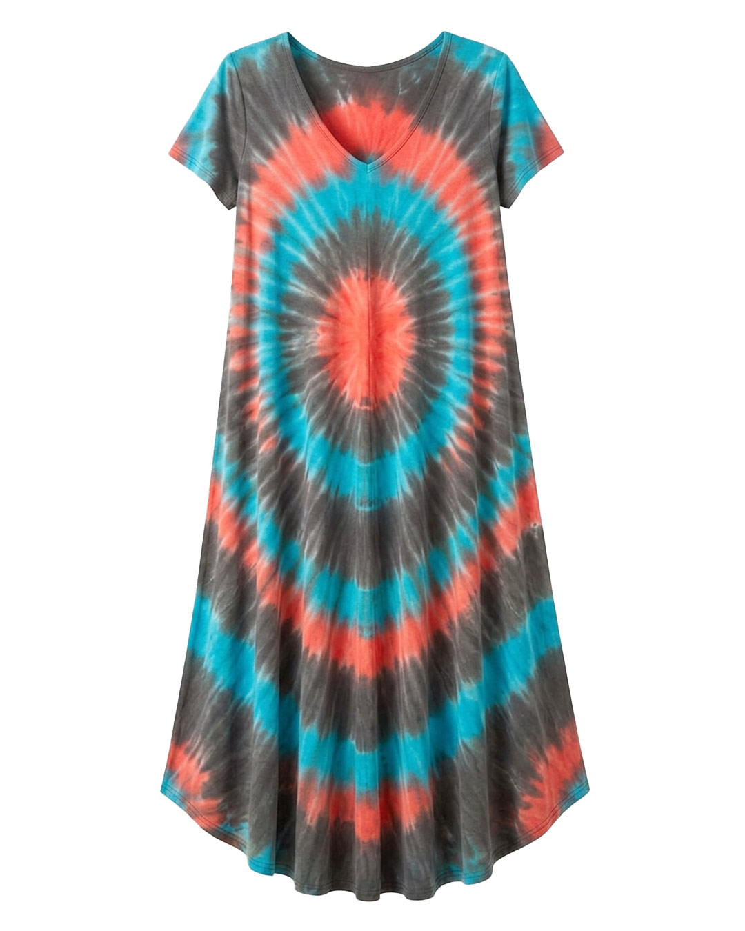 Vestido Bora Bora: vestido largo de diario con escote en pico, bajo asimétrico en picos y estampado tie-dye turquesa en tejido fluido de viscosa de Quiles_Shop.