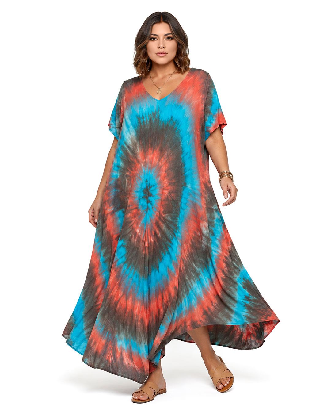 Vestido Bora Bora: vestido largo de diario con escote en pico, bajo asimétrico en picos y estampado tie-dye turquesa en tejido fluido de viscosa de Quiles_Shop.