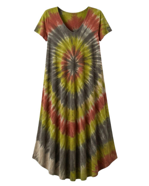 Vestido Bora Bora: vestido largo de diario con escote en pico, bajo asimétrico en picos y estampado tie-dye turquesa en tejido fluido de viscosa de Quiles_Shop.