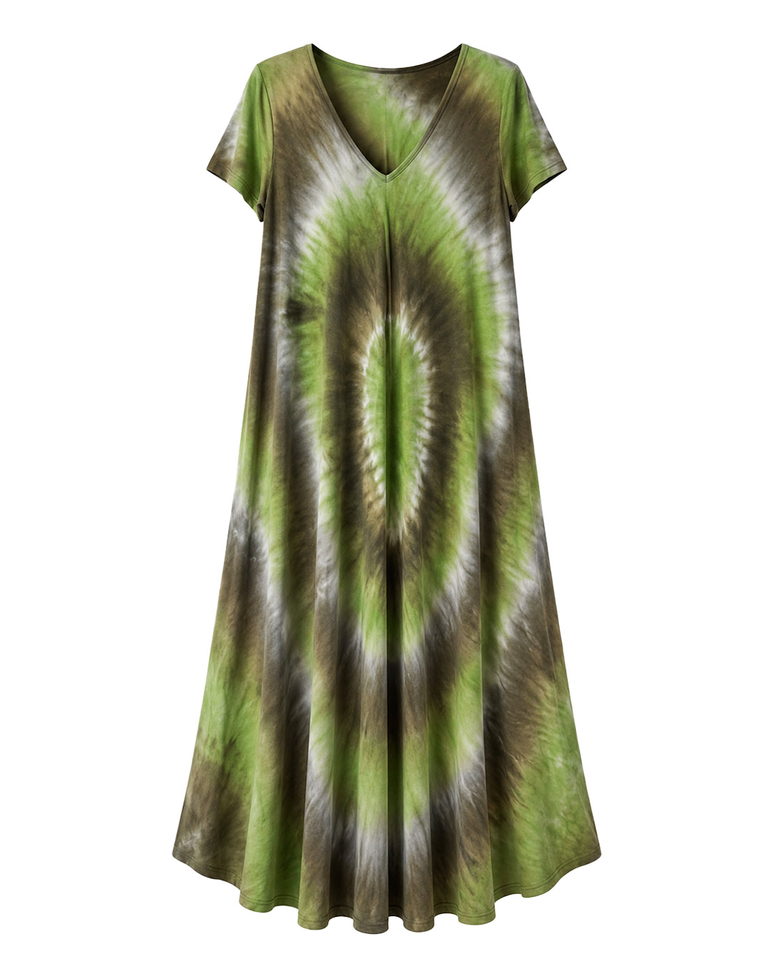 Vestido Bora Bora: vestido largo de diario con escote en pico, bajo asimétrico en picos y estampado tie-dye turquesa en tejido fluido de viscosa de Quiles_Shop.