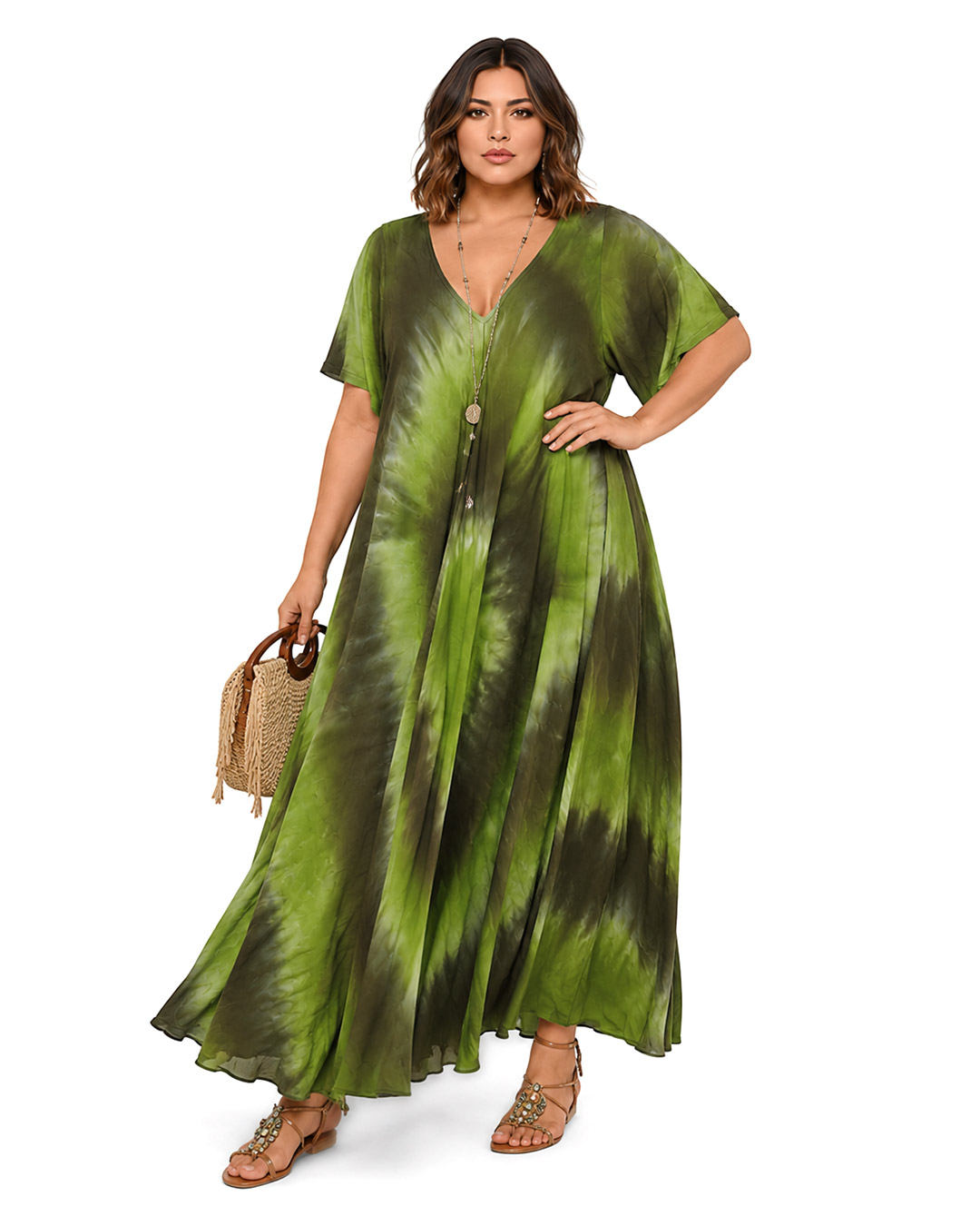 Vestido Bora Bora: vestido largo de diario con escote en pico, bajo asimétrico en picos y estampado tie-dye turquesa en tejido fluido de viscosa de Quiles_Shop.