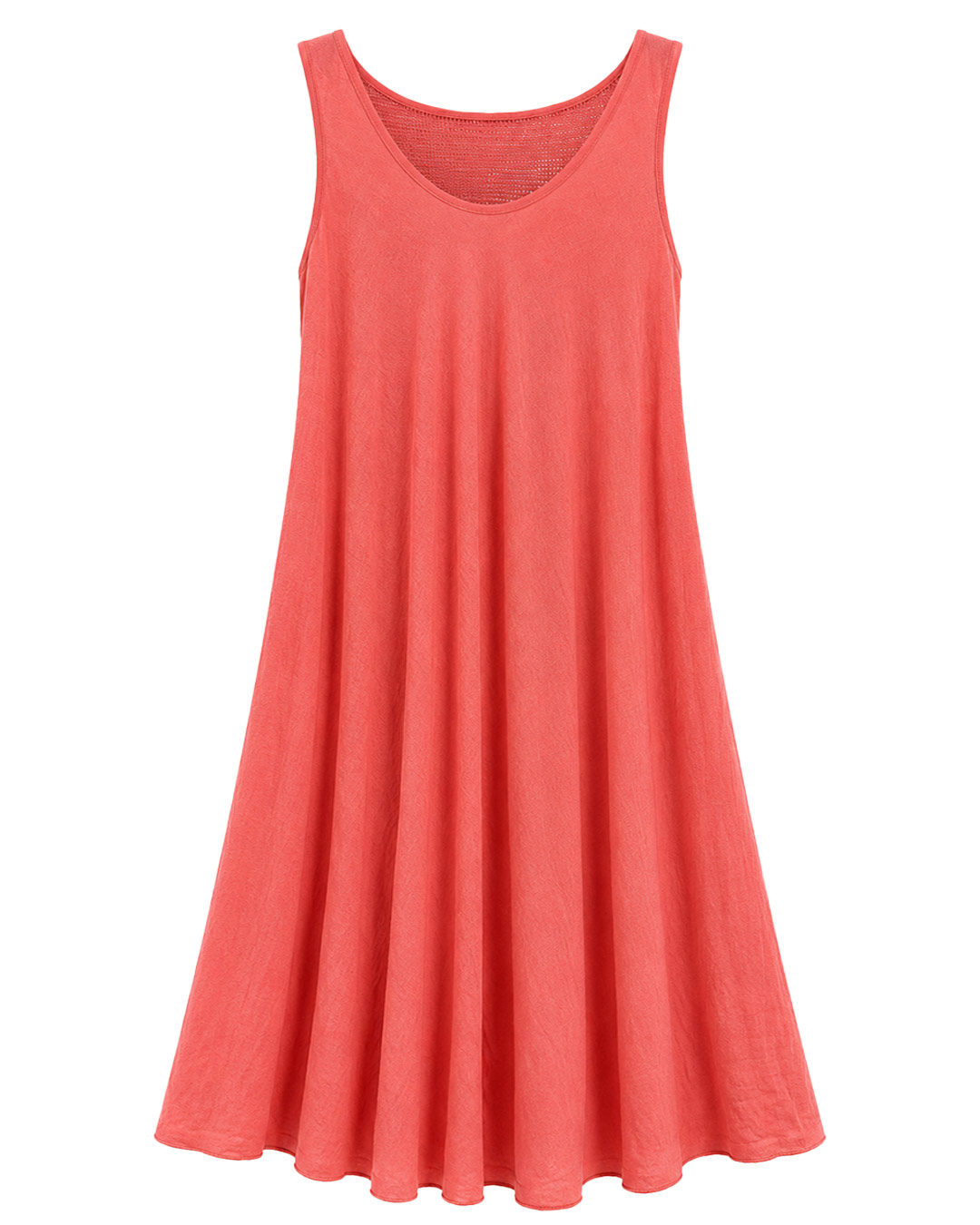 Vestido Calado: vestido de color coral sin mangas en viscosa con textura arrugada y espalda con canesú de rejilla calada de Quiles_Shop.