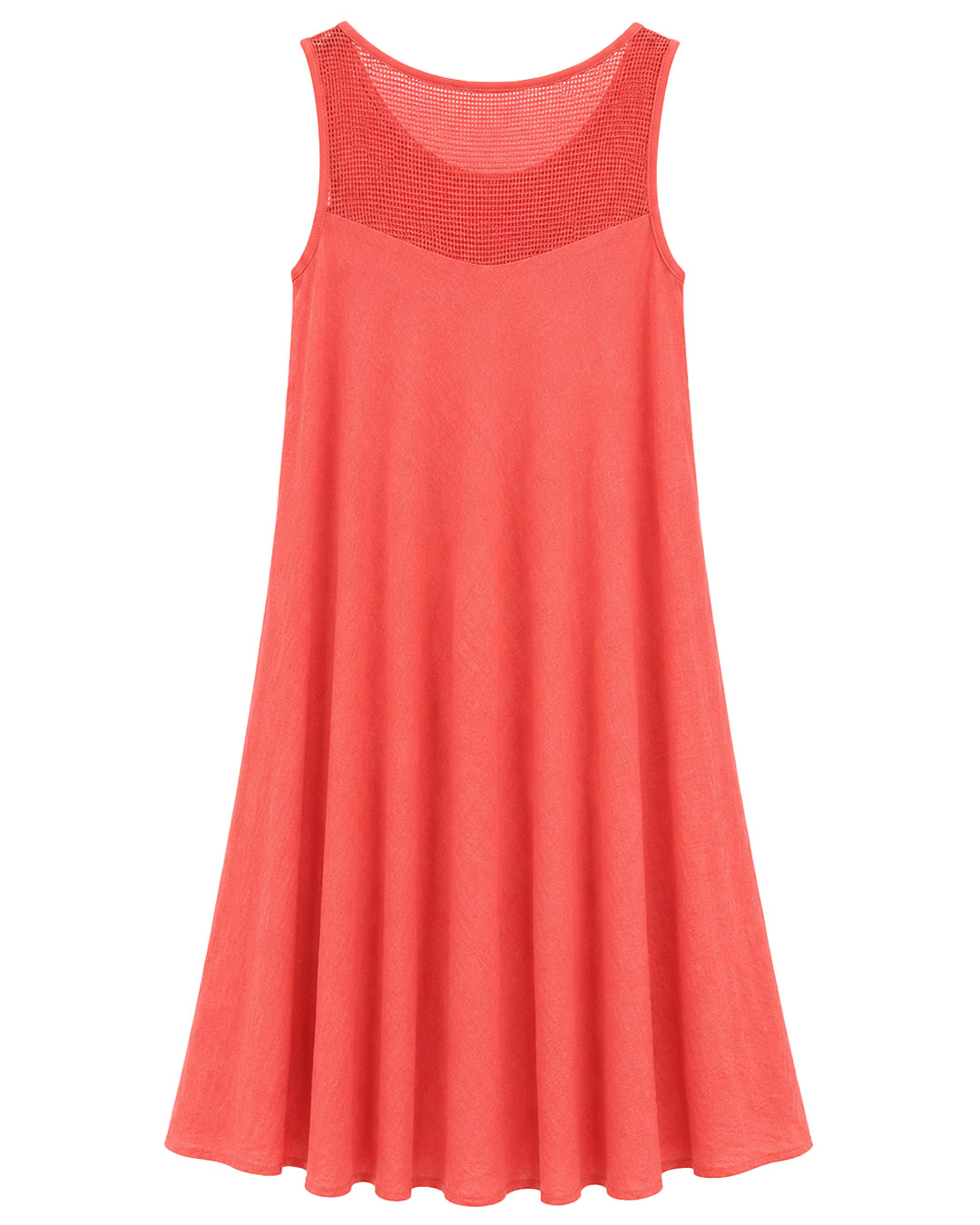 Vestido Calado: vestido de color coral sin mangas en viscosa con textura arrugada y espalda con canesú de rejilla calada de Quiles_Shop.