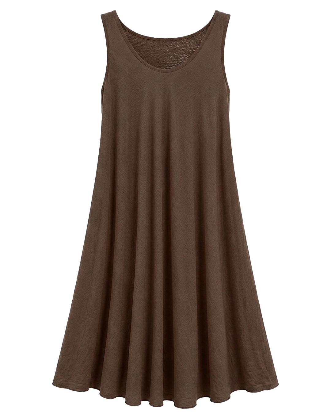 Vestido Calado: vestido de color marrón sin mangas en viscosa con textura arrugada y espalda con canesú de rejilla calada de Quiles_Shop.