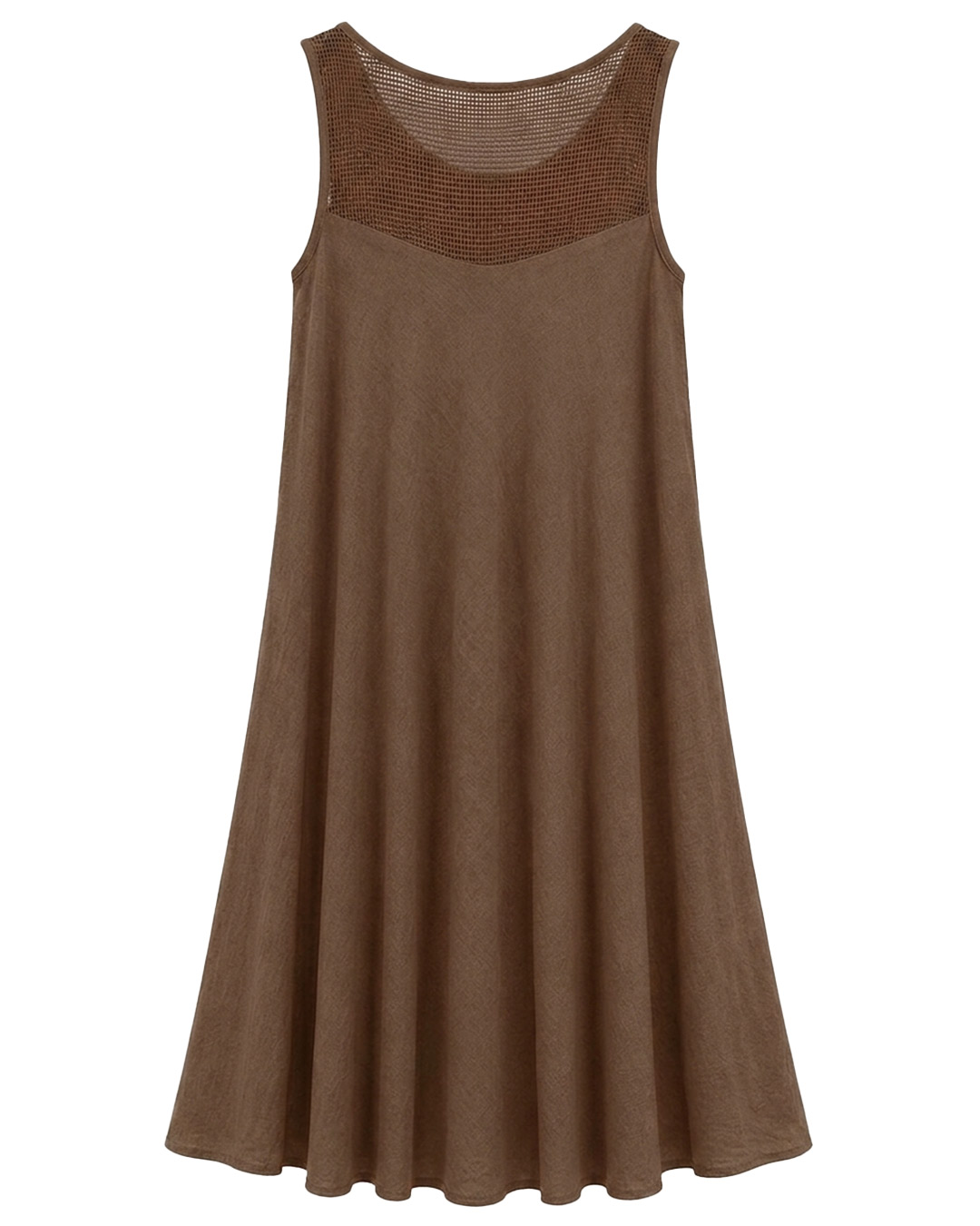 Vestido Calado: vestido de color marrón sin mangas en viscosa con textura arrugada y espalda con canesú de rejilla calada de Quiles_Shop.