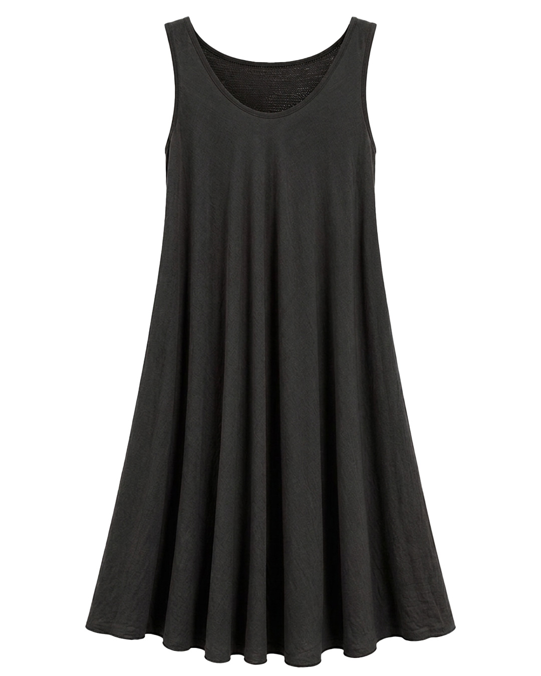 Vestido Calado: vestido de color negro sin mangas en viscosa con textura arrugada y espalda con canesú de rejilla calada de Quiles_Shop.