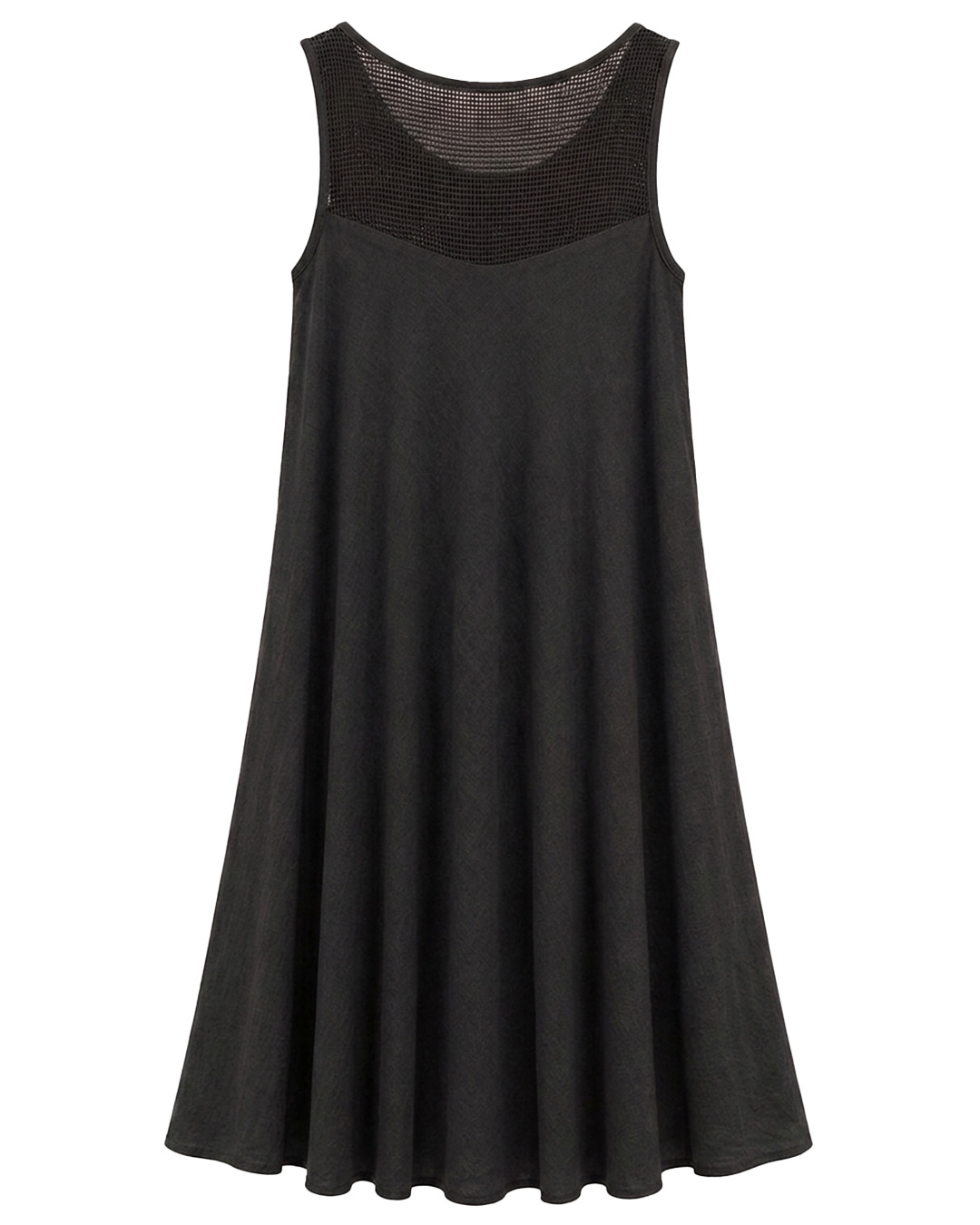 Vestido Calado: vestido de color negro sin mangas en viscosa con textura arrugada y espalda con canesú de rejilla calada de Quiles_Shop.