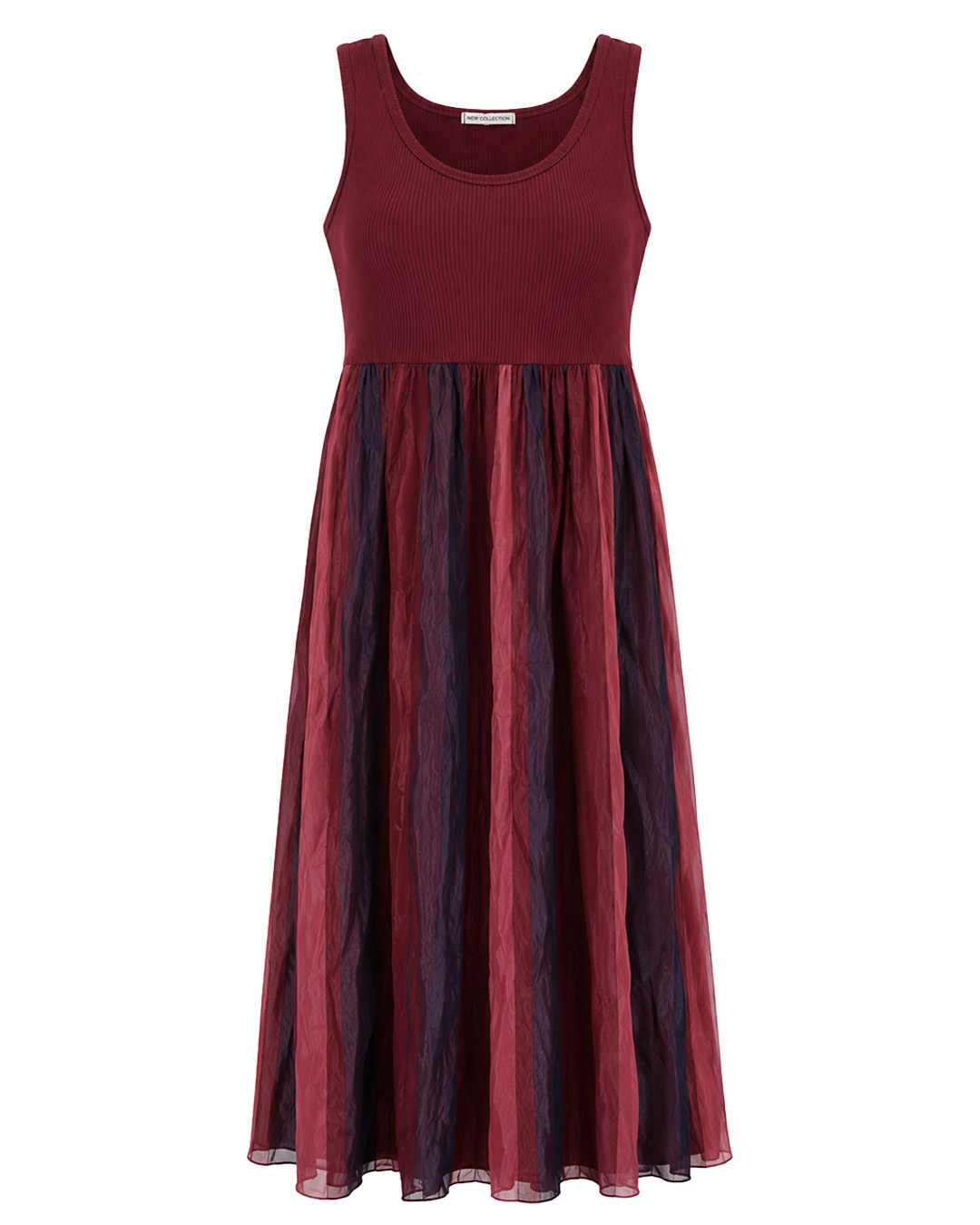 Vestido Combi: vestido largo de diario con cuerpo de punto acanalado burdeos de tirantes anchos y falda fluida con estampado de rayas verticales de Quiles_Shop.