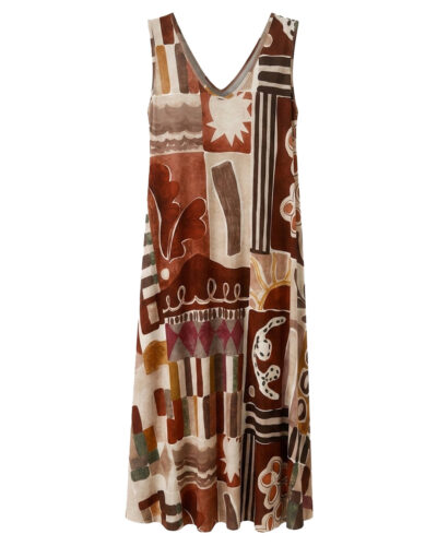 Vestido Deco: vestido largo de diario con escote en V en tejido de licra fría con estampado abstracto art déco en tonos caldera y teja de Quiles_Shop.