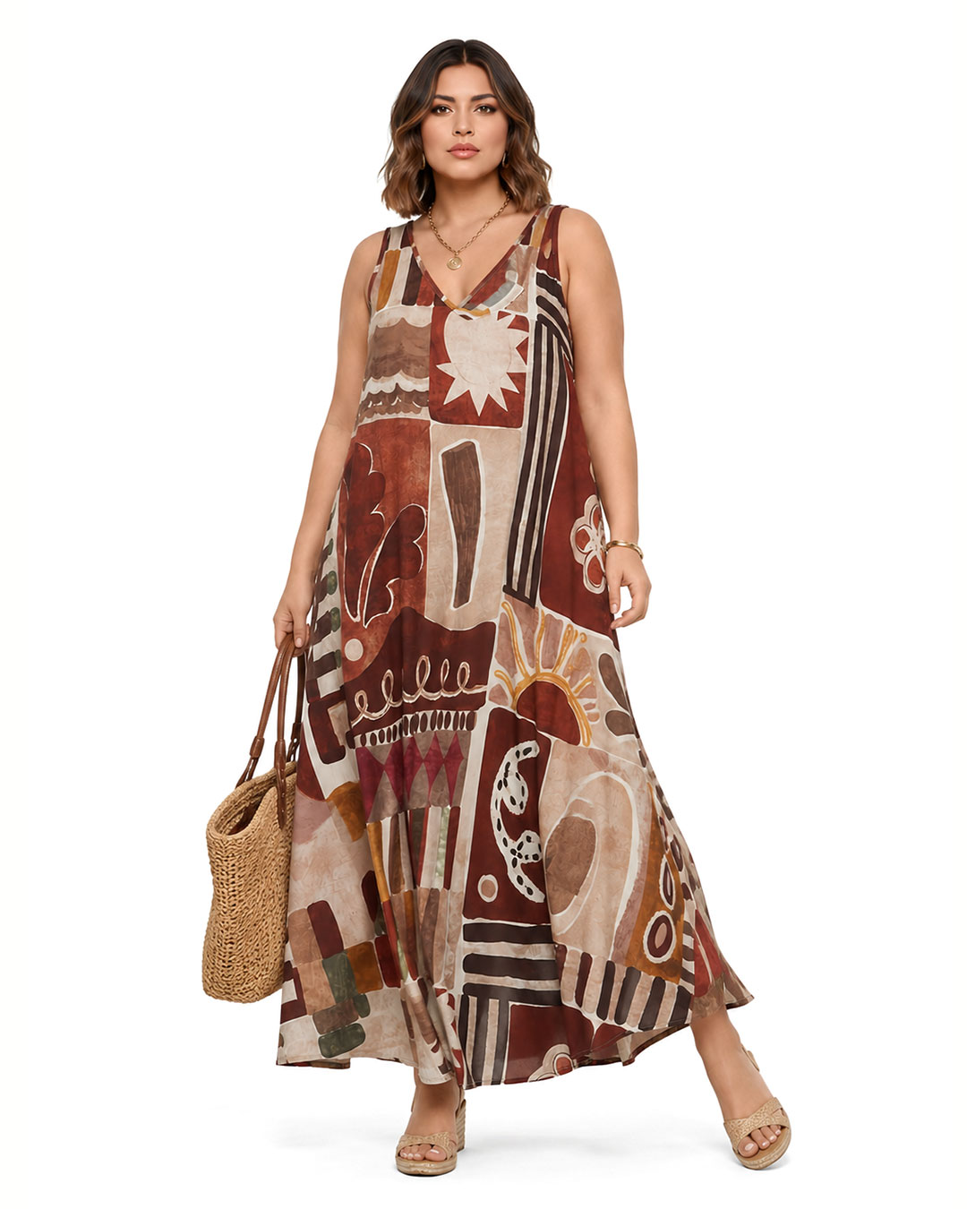 Vestido Deco: vestido largo de diario con escote en V en tejido de licra fría con estampado abstracto art déco en tonos caldera y teja de Quiles_Shop.