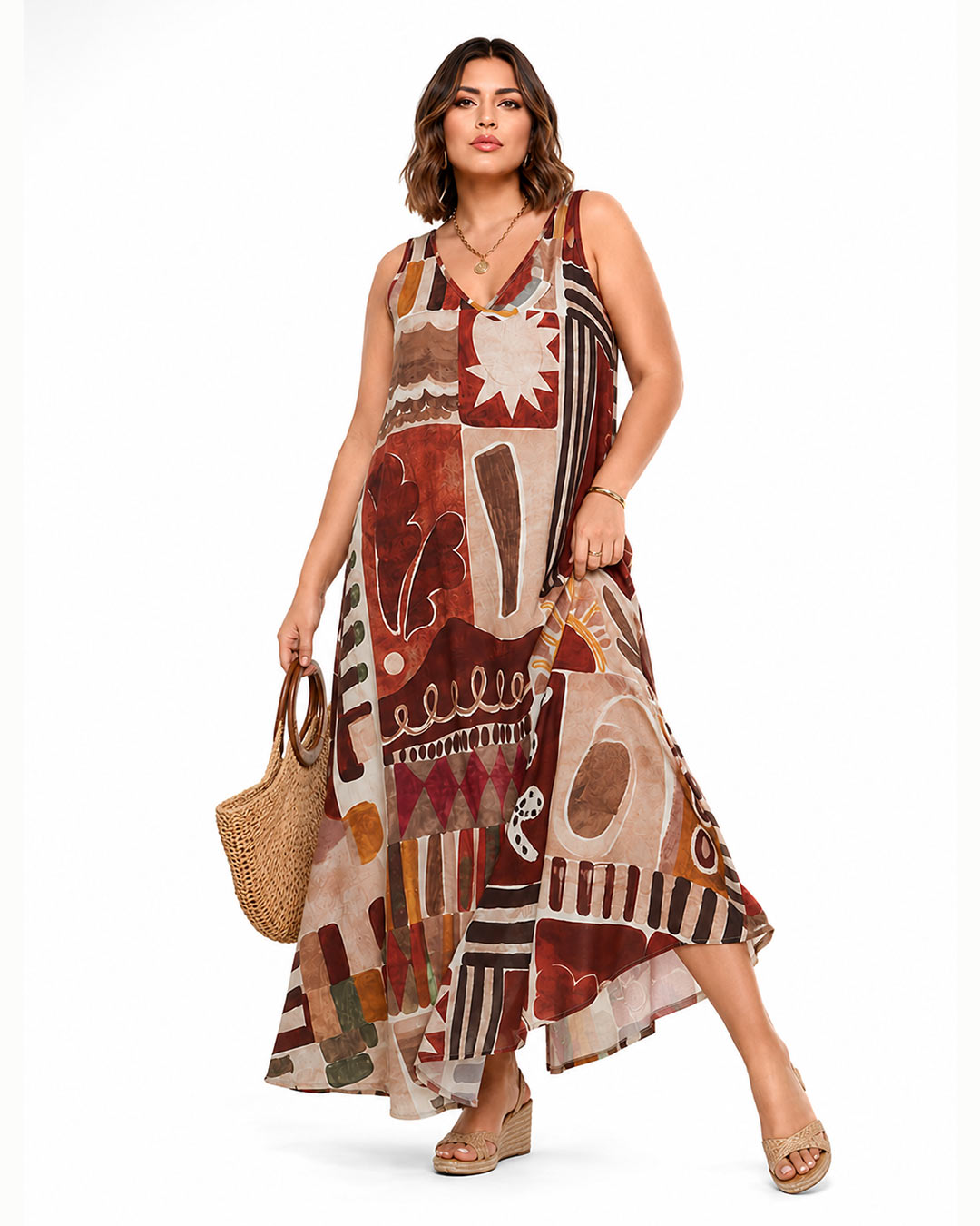 Vestido Deco: vestido largo de diario con escote en V en tejido de licra fría con estampado abstracto art déco en tonos caldera y teja de Quiles_Shop.
