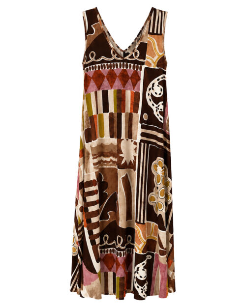 Vestido Deco: vestido largo de diario con escote en V en tejido de licra fría con estampado abstracto art déco en tonos caldera y teja de Quiles_Shop.