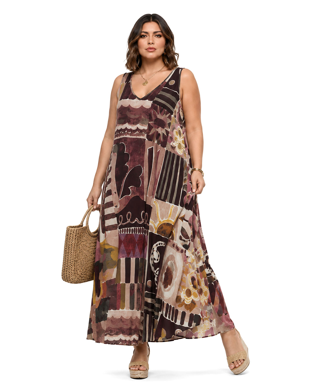 Vestido Deco: vestido largo de diario con escote en V en tejido de licra fría con estampado abstracto art déco en tonos caldera y teja de Quiles_Shop.