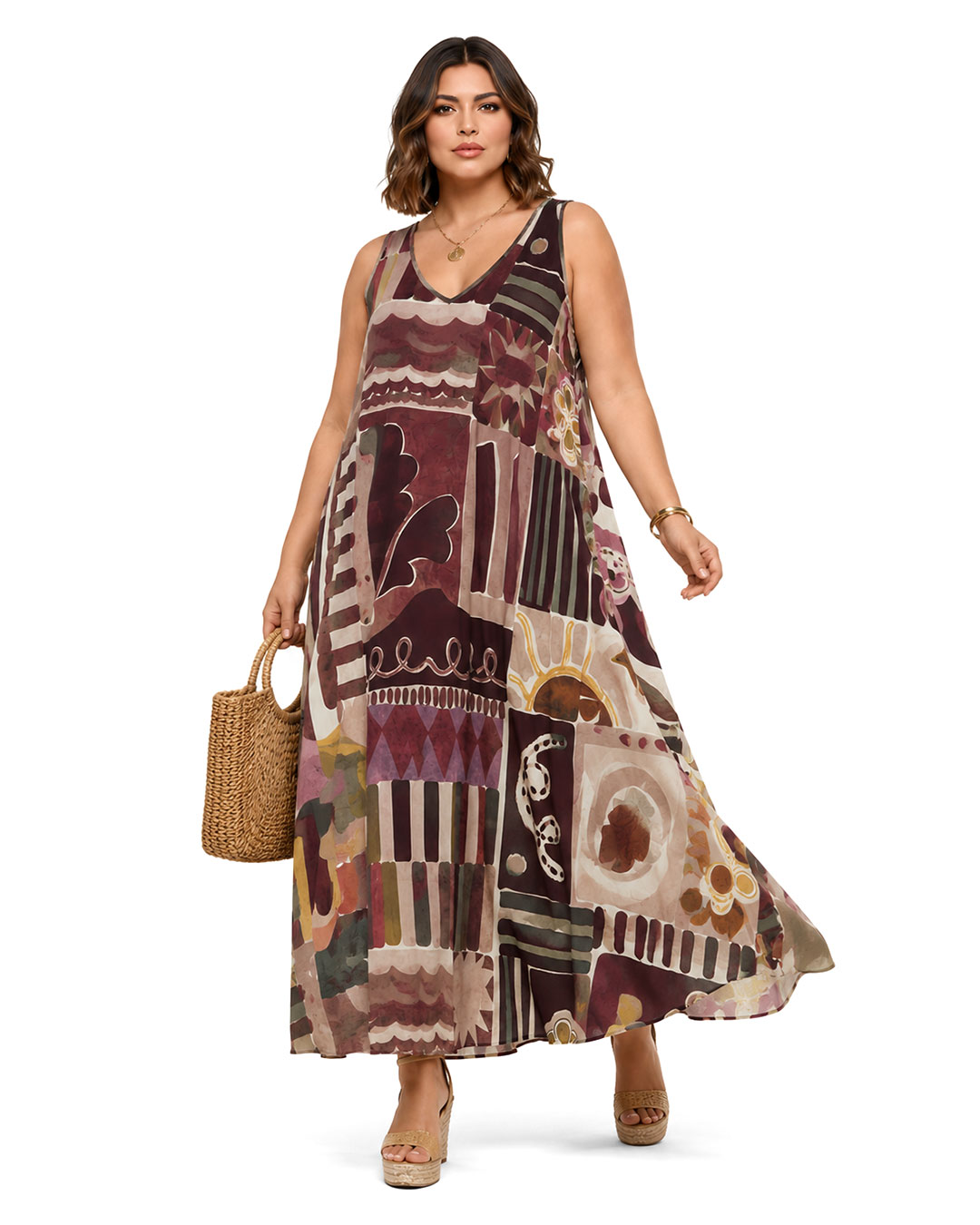 Vestido Deco: vestido largo de diario con escote en V en tejido de licra fría con estampado abstracto art déco en tonos caldera y teja de Quiles_Shop.
