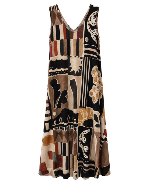 Vestido Deco: vestido largo de diario con escote en V en tejido de licra fría con estampado abstracto art déco en tonos caldera y teja de Quiles_Shop.
