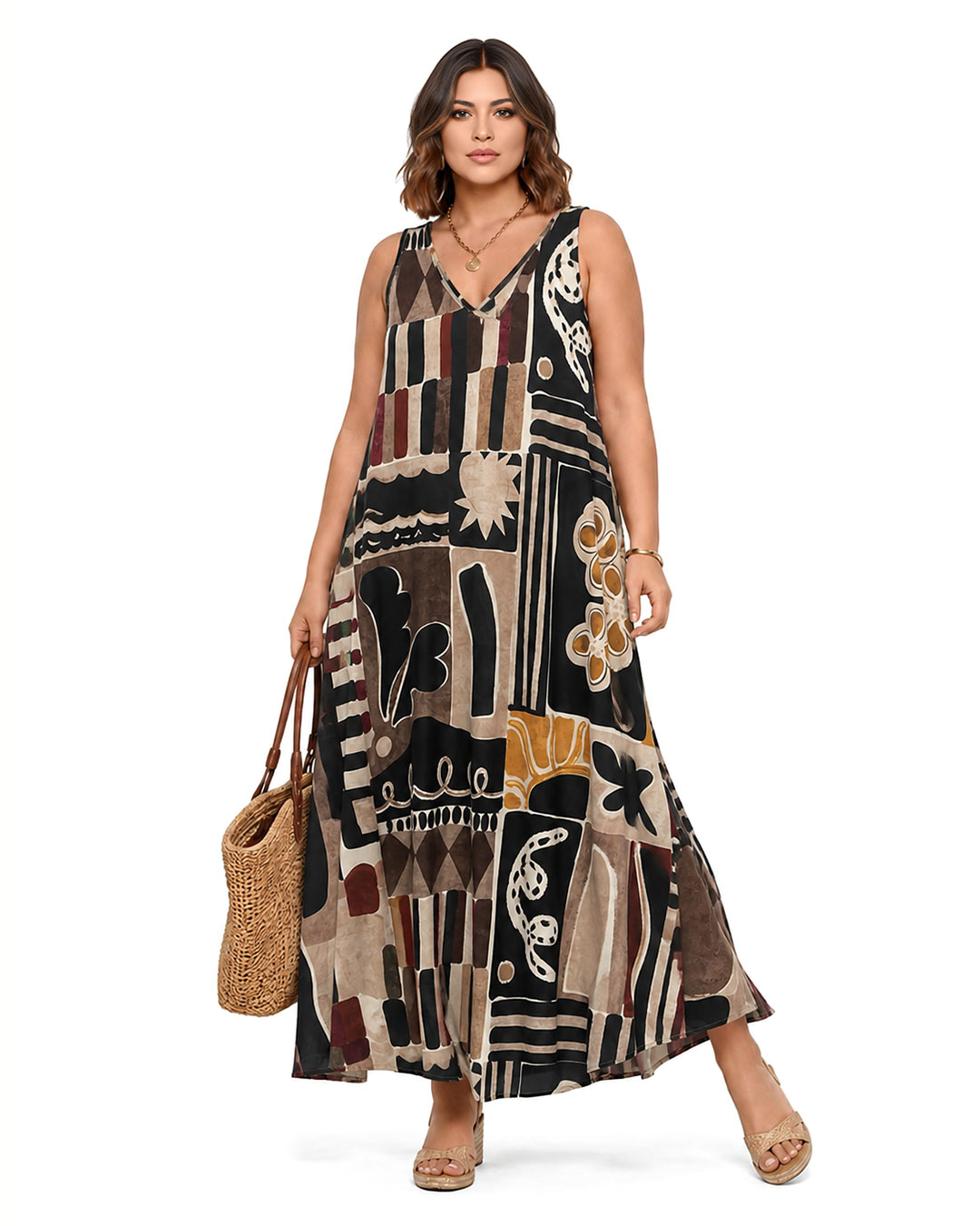 Vestido Deco: vestido largo de diario con escote en V en tejido de licra fría con estampado abstracto art déco en tonos caldera y teja de Quiles_Shop.