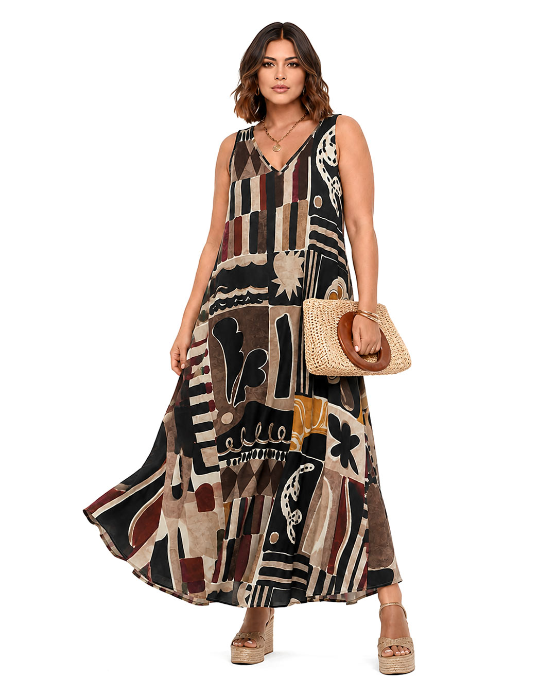 Vestido Deco: vestido largo de diario con escote en V en tejido de licra fría con estampado abstracto art déco en tonos caldera y teja de Quiles_Shop.