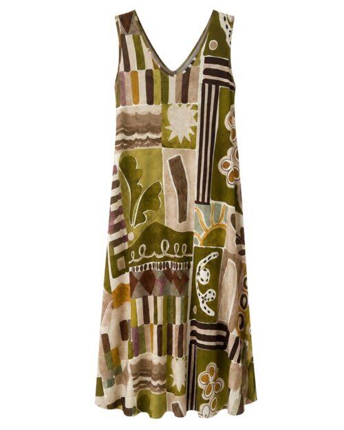 Vestido Deco: vestido largo de diario con escote en V en tejido de licra fría con estampado abstracto art déco en tonos caldera y teja de Quiles_Shop.