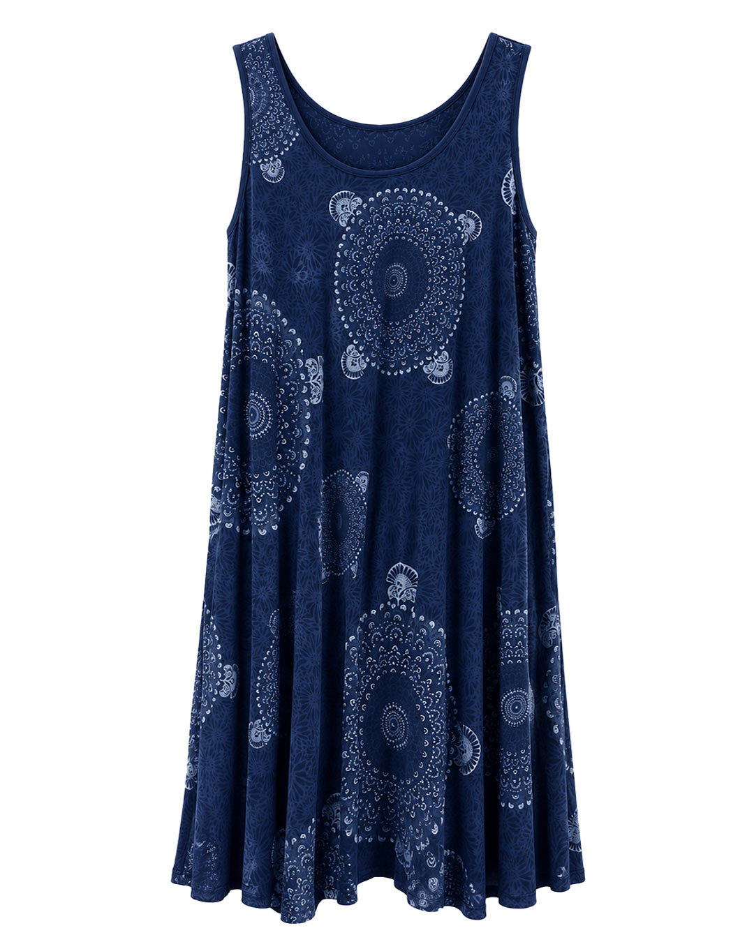 Vestido Eclipse: vestido largo de tirantes anchos en viscosa fluida con estampado de mandalas circulares en gris sobre fondo oscuro de Quiles_Shop (Imagen generada por IA).