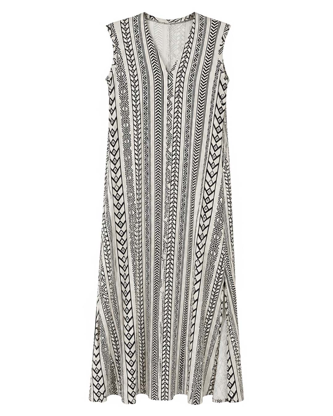 Vestido Espiga: vestido largo sin mangas en licra fría con estampado geométrico de espiga y abertura lateral en el bajo de Quiles_Shop (Imagen generada por IA).