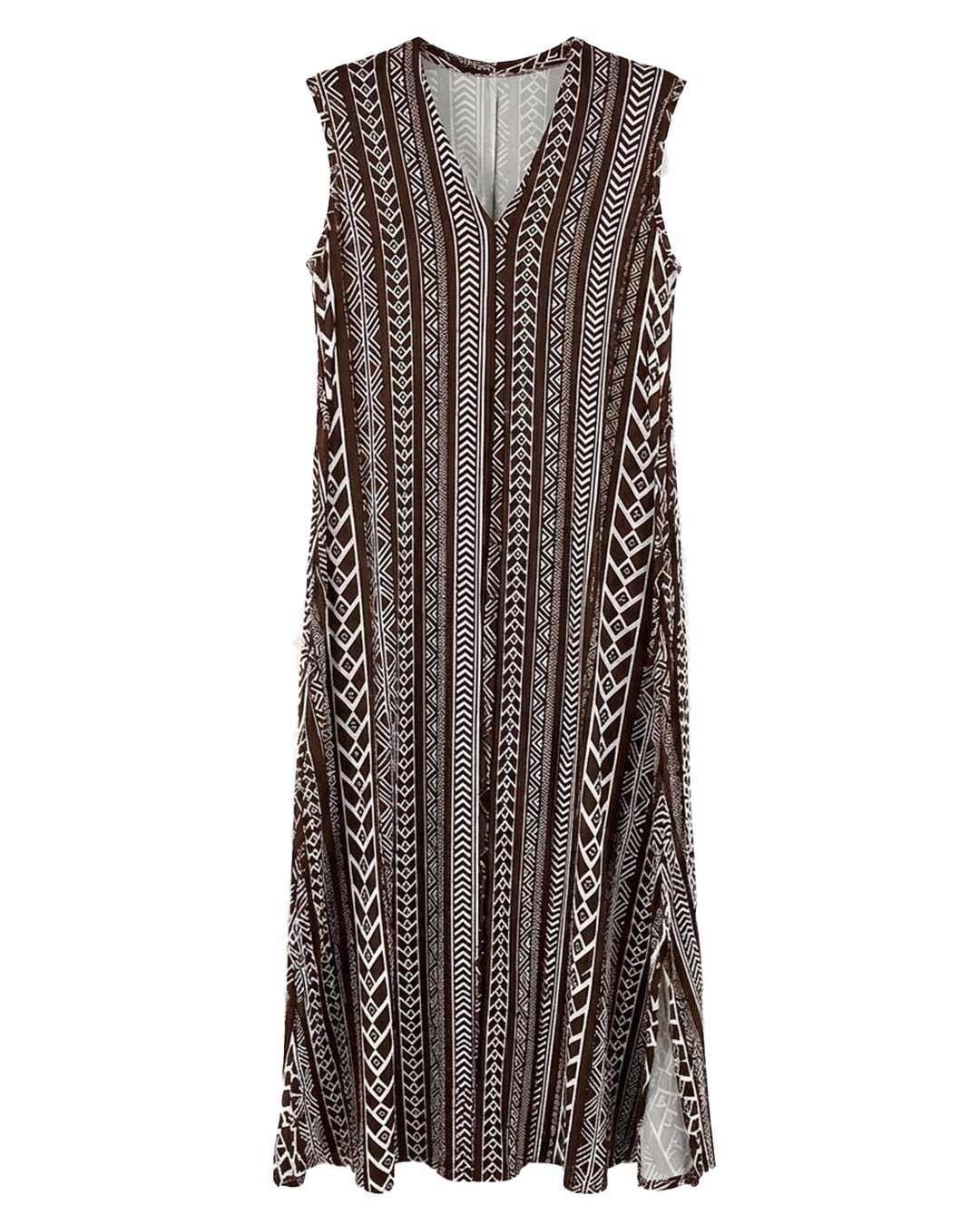 Vestido Espiga: vestido largo sin mangas en licra fría con estampado geométrico de espiga y abertura lateral en el bajo de Quiles_Shop (Imagen generada por IA).
