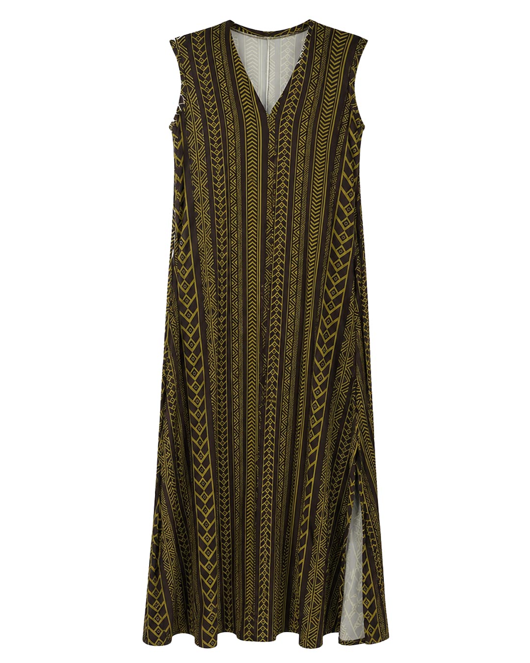 Vestido Espiga: vestido largo sin mangas en licra fría con estampado geométrico de espiga y abertura lateral en el bajo de Quiles_Shop (Imagen generada por IA).