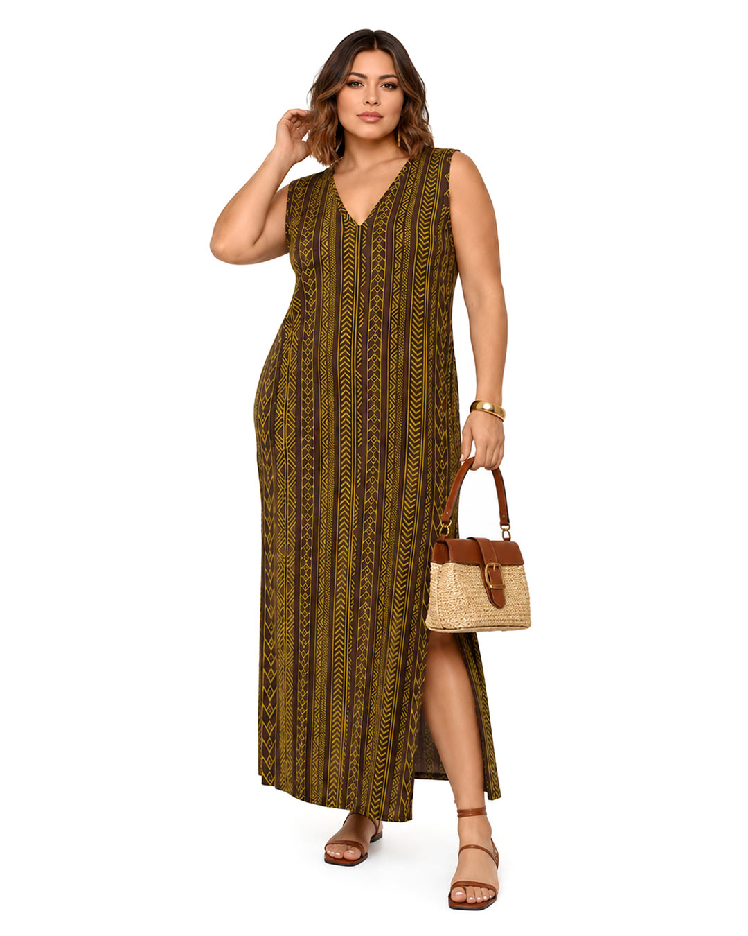 Vestido Espiga: vestido largo sin mangas en licra fría con estampado geométrico de espiga y abertura lateral en el bajo de Quiles_Shop (Imagen generada por IA).
