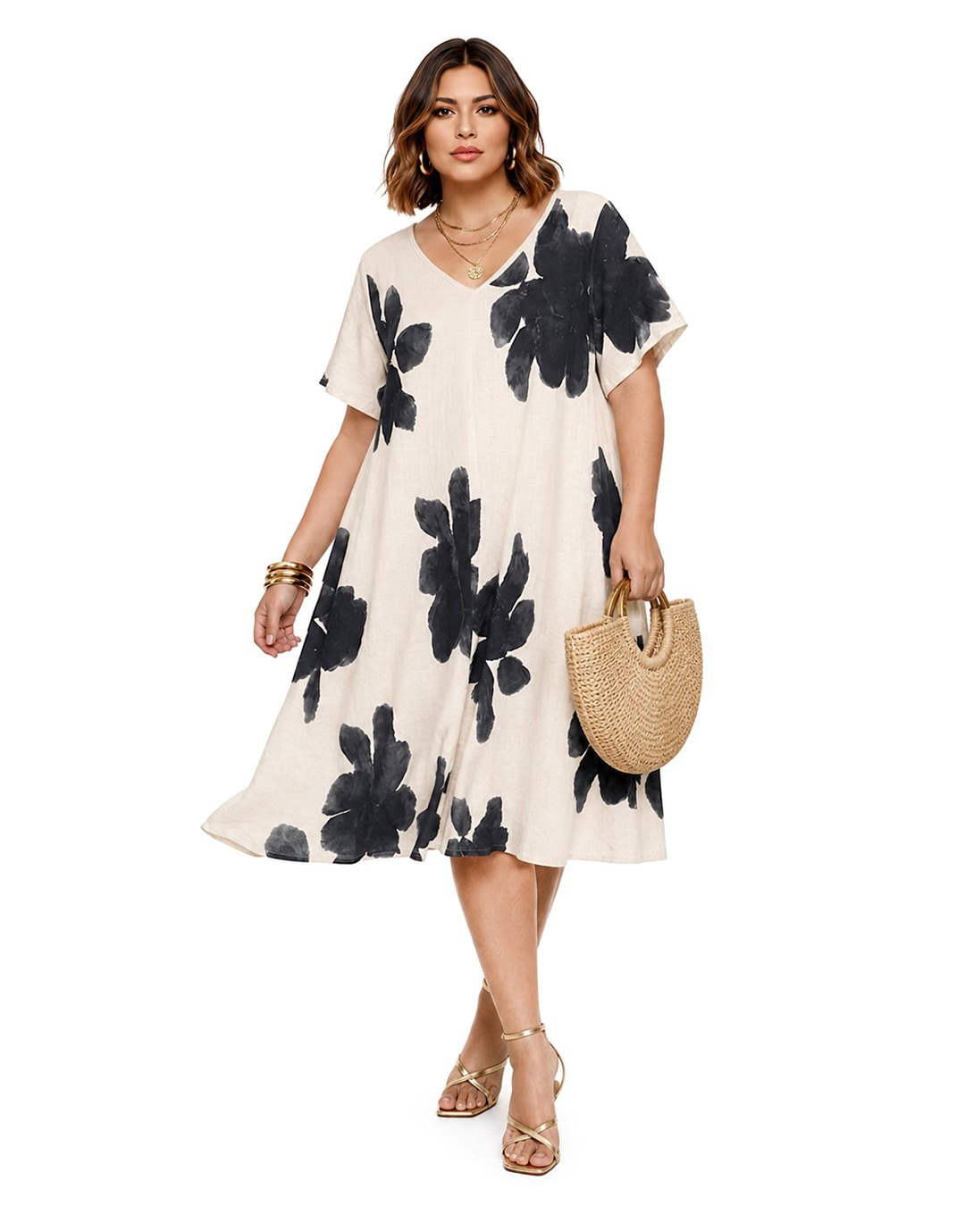Vestido Floral: vestido floral midi de lino para mujer real de tallas grandes con cuello en pico, manga corta fluida y estampado de flores grandes de Quiles_Shop.