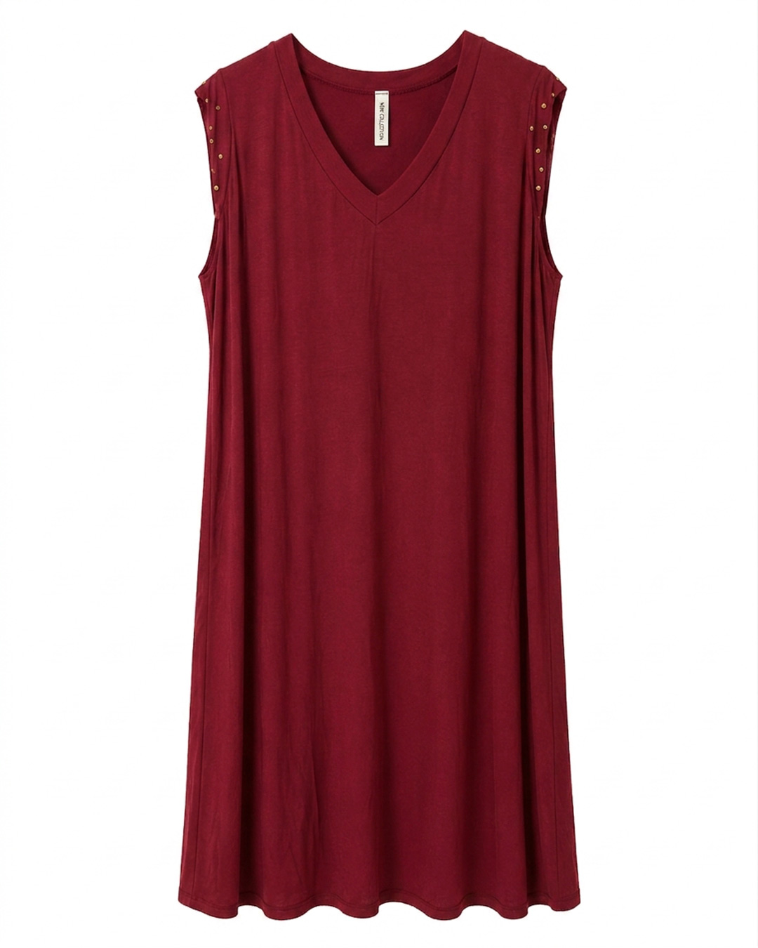 Vestido Lanzarote: vestido de diario color burdeos en suave punto de viscosa elástica, cuello en pico y hombros fruncidos con tachuelas doradas de Quiles_Shop.