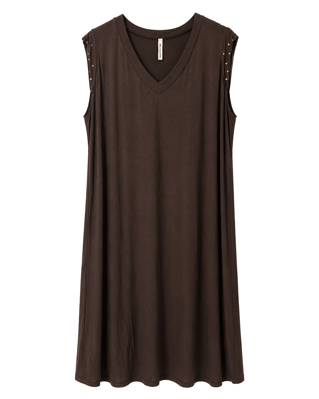 Vestido Lanzarote: vestido de diario color marrón en suave punto de viscosa elástica, cuello en pico y hombros fruncidos con tachuelas doradas de Quiles_Shop.