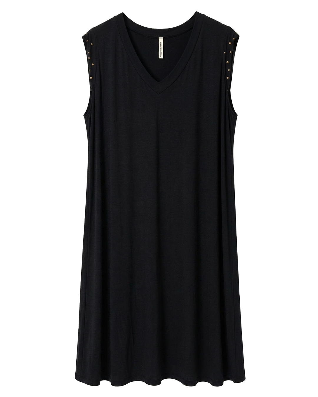 Vestido Lanzarote: vestido de diario color negro en suave punto de viscosa elástica, cuello en pico y hombros fruncidos con tachuelas doradas de Quiles_Shop.