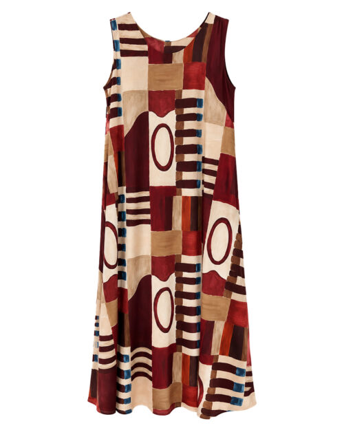 Vestido Óleo: vestido largo de diario sin mangas en tejido de licra fría con estampado artístico de pinceladas abstractas en tonos burdeos y tierra de Quiles_Shop.