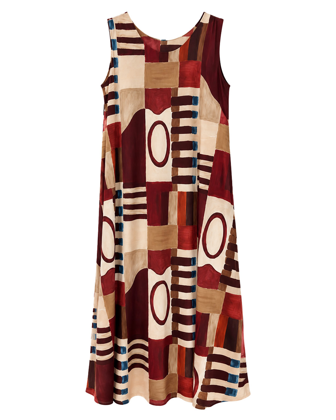 Vestido Óleo: vestido largo de diario sin mangas en tejido de licra fría con estampado artístico de pinceladas abstractas en tonos burdeos y tierra de Quiles_Shop.