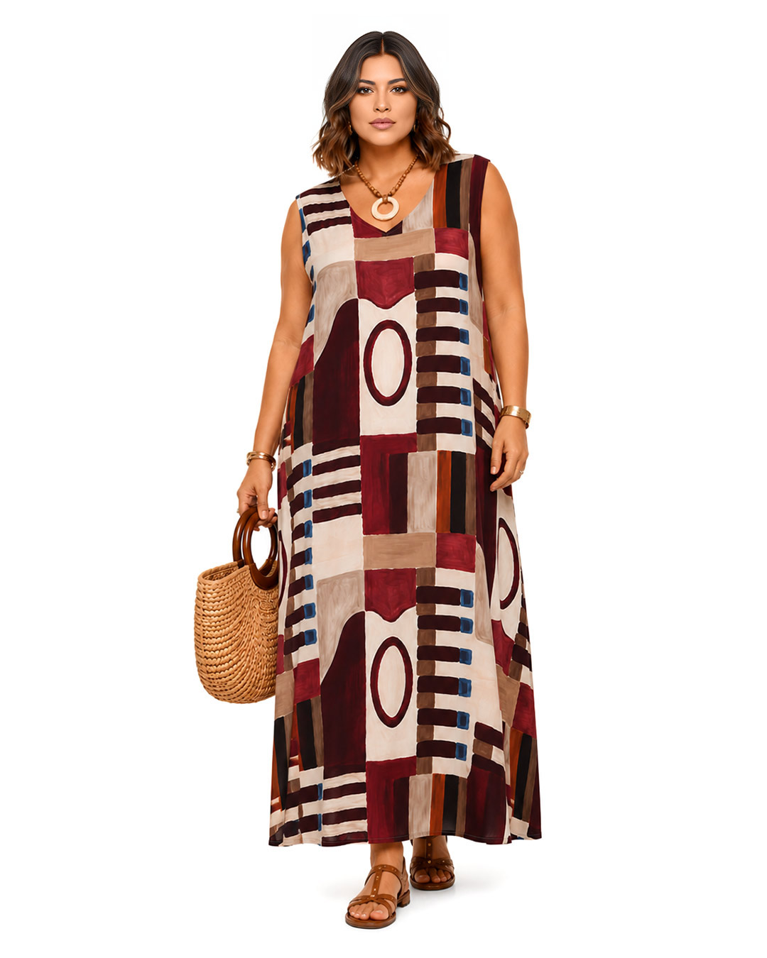 Vestido Óleo: vestido largo de diario sin mangas en tejido de licra fría con estampado artístico de pinceladas abstractas en tonos burdeos y tierra de Quiles_Shop.